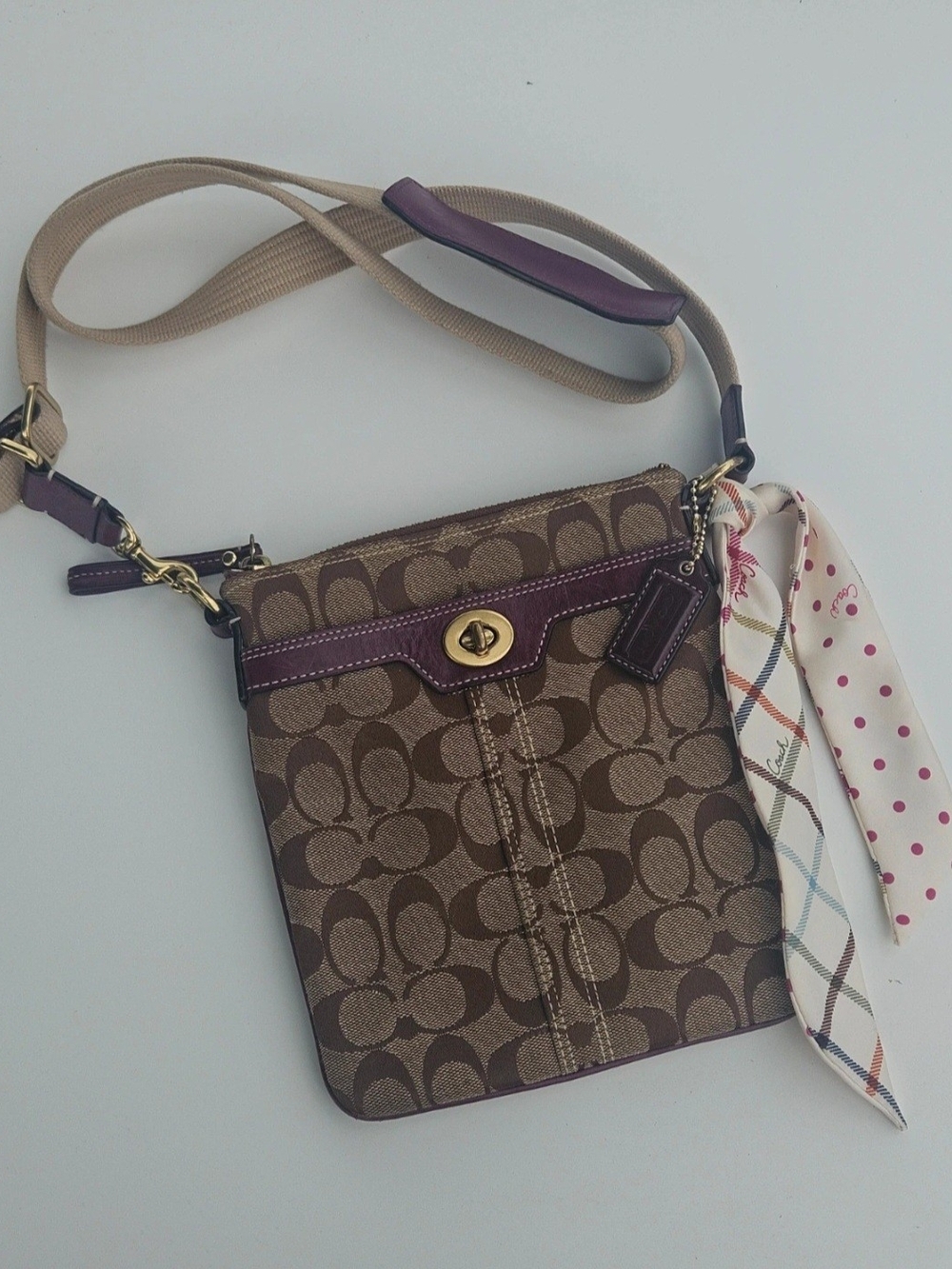 Coach Brown Signature Canvas Crossbody with Purple Trim